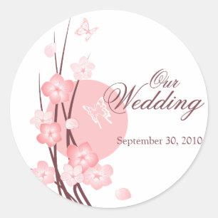 Pink Flowers Butterfly Wedding Announcement Classic Round Sticker
