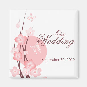 Pink Flowers Butterfly Wedding Announcement Magnet