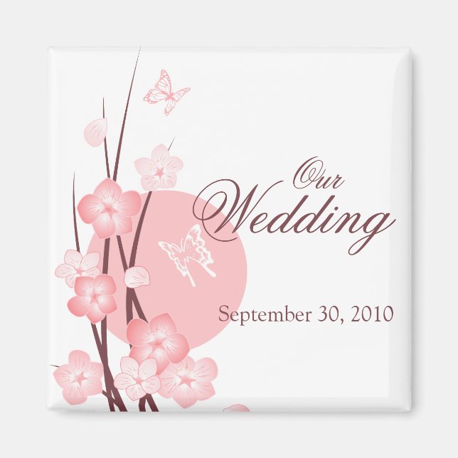 Pink Flowers Butterfly Wedding Announcement Magnet (Front)