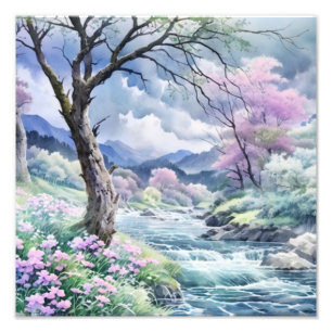 Pink Flowers by a Mountain River Photo Print