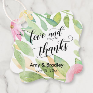 Pink Flowers & Calligraphy Love and Thanks Wedding Favour Tags