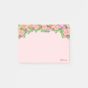 Pink flowers & calligraphy on light pink post-it notes