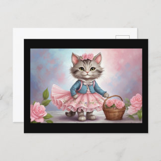 Pink Flowers Cat in Dress with Flower Basket Postcard