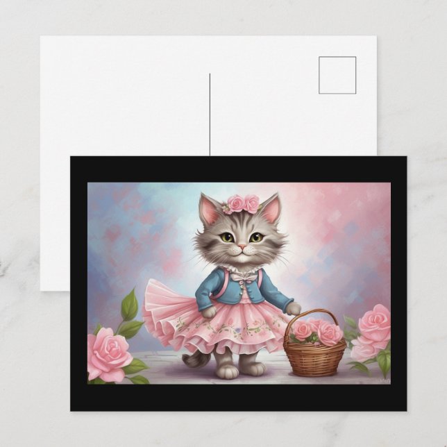 Pink Flowers Cat in Dress with Flower Basket Postcard (Front/Back)