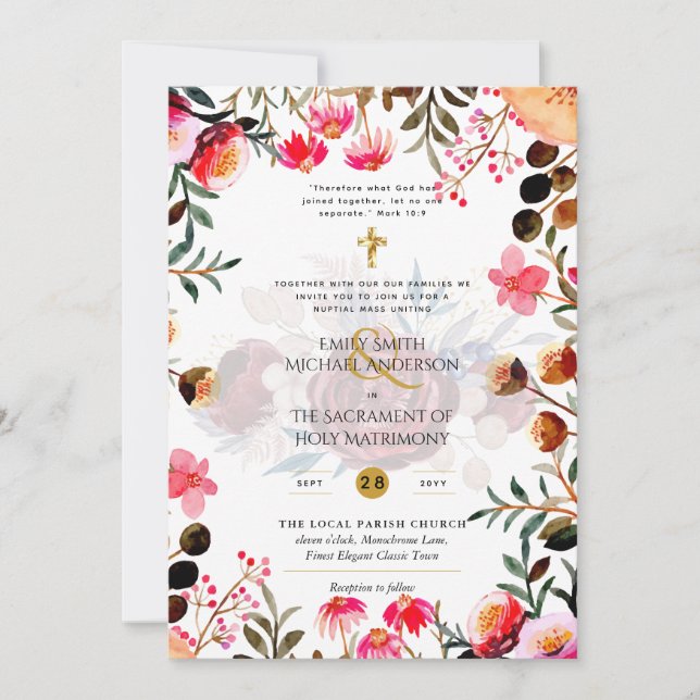 Pink Flowers  Catholic Nuptial Mass Wedding Invitation (Front)