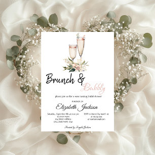 Pink Flowers Champagne Glass Brunch & Bubbly  Invitation