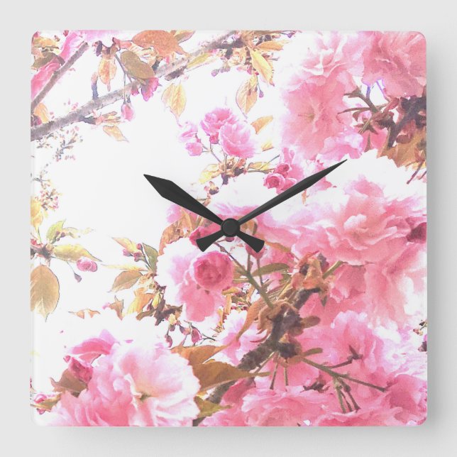 Pink Flowers Cherry Blossom Floral Patterns Sakura Square Wall Clock (Front)