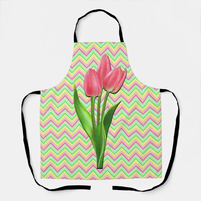 Pink Flowers Chevron Stripped Multicolored Apron (Front)