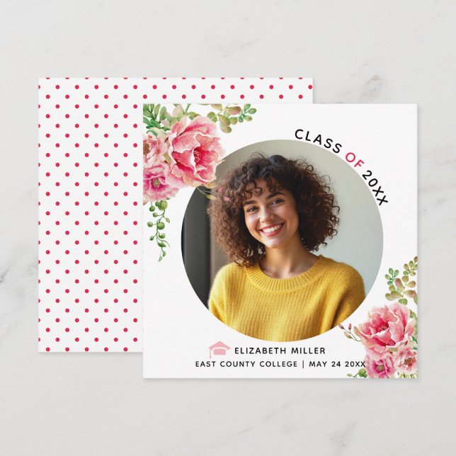 Pink flowers Class of 2025 graduation photo Announcement (Front/Back)