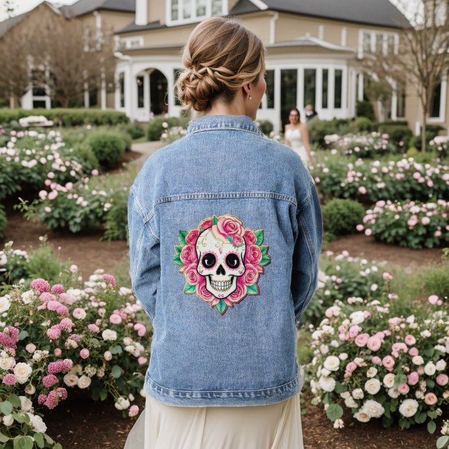 Pink Flowers Coquette Floral Skull Rose Skeleton Denim Jacket (Wedding Back)