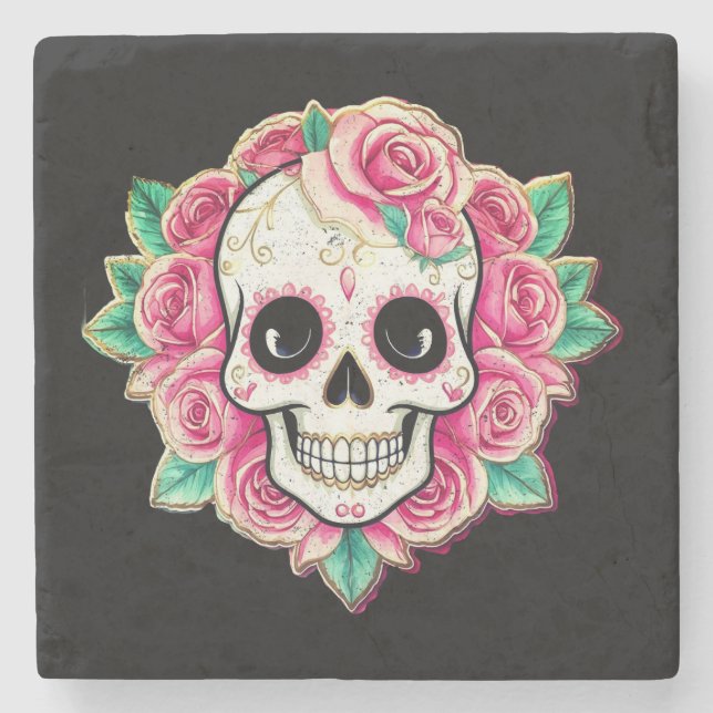 Pink Flowers Coquette Floral Skull Rose Skeleton Stone Coaster (Front)