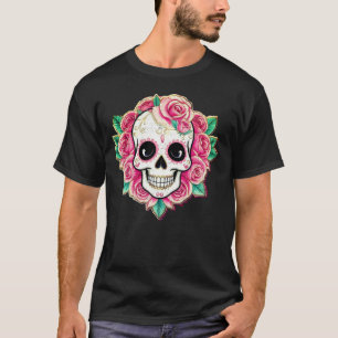 Pink Flowers Coquette Floral Skull Rose Skeleton T-Shirt