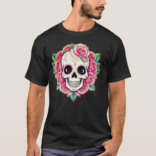 Pink Flowers Coquette Floral Skull Rose Skeleton T-Shirt (Front)