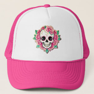 Pink Flowers Coquette Floral Skull Rose Skeleton Trucker Hat