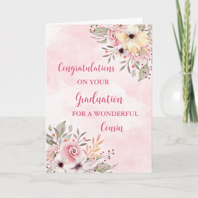 Pink Flowers Cousin Congratulations Graduation Card (Front)
