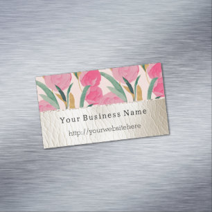 Pink Flowers & Cream Faux Leather Magnetic Business Card