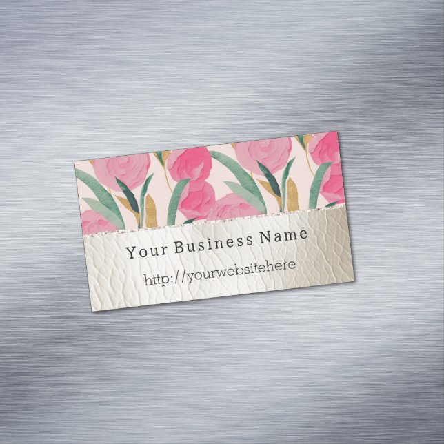 Pink Flowers & Cream Faux Leather Magnetic Business Card (In Situ)