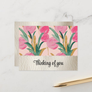 Pink Flowers & Cream Faux Leather Postcard