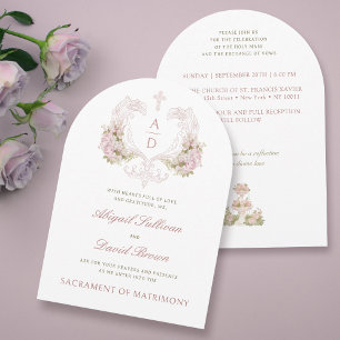 Pink Flowers Crest Monograms Catholic Wedding Invitation