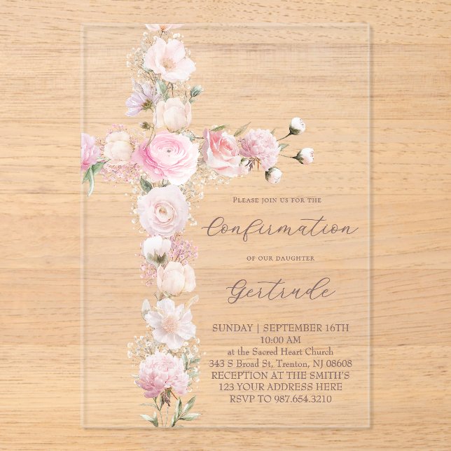 pink flowers cross  Confirmation Acrylic Invitations (Front)