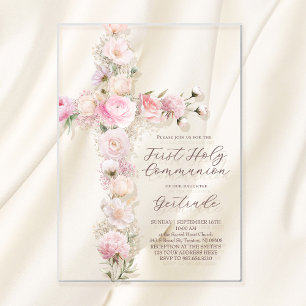 pink flowers cross First Holy Communion Acrylic Invitations