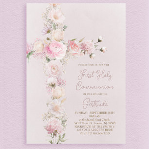 pink flowers cross First Holy Communion Invitation