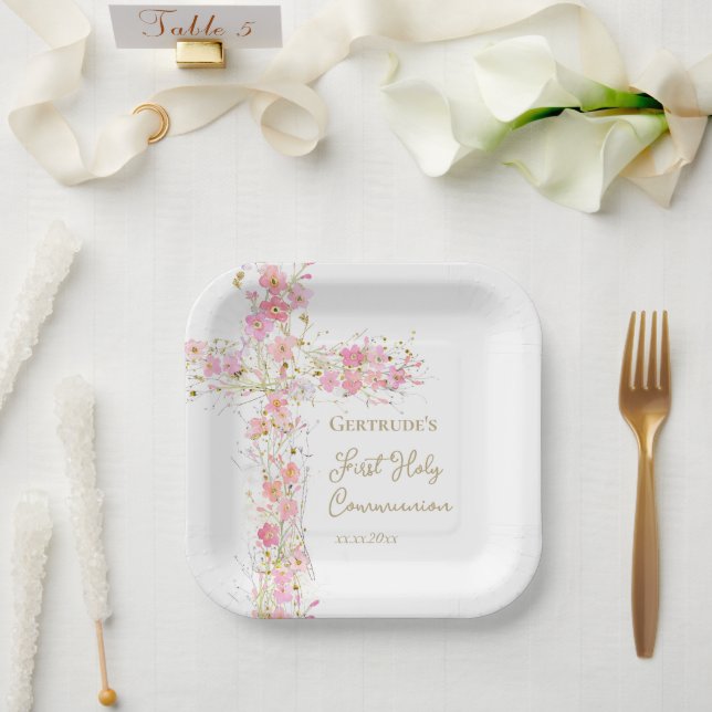  pink flowers cross First Holy Communion Paper Plate (Wedding)