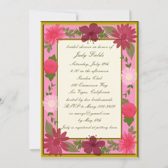 Pink Flowers Custom Bridal Shower Invitations (Front)