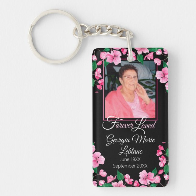Pink Flowers Custom Memorial Keepsake Key Ring (Front)