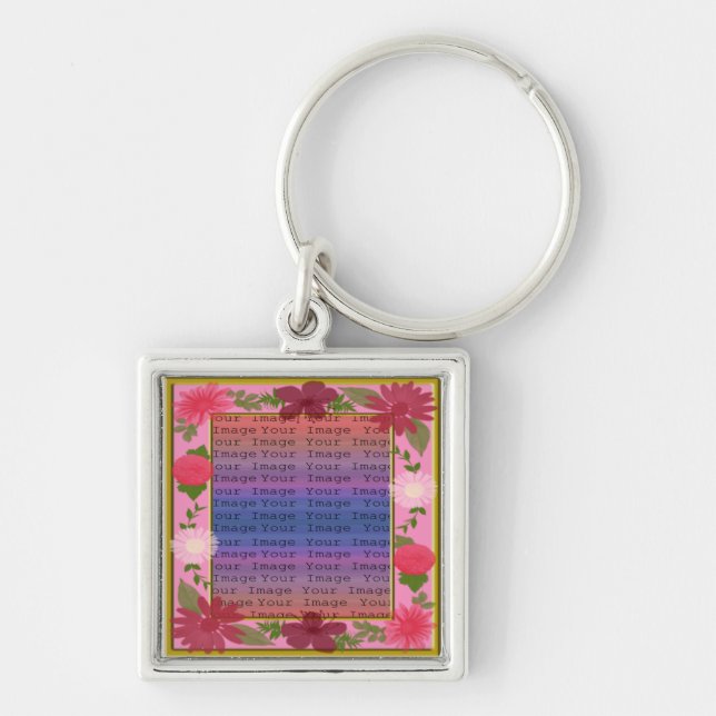 Pink Flowers Custom Square Silver Key Chain (Front)