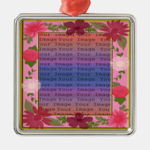 Pink Flowers Custom Square Silver Ornament