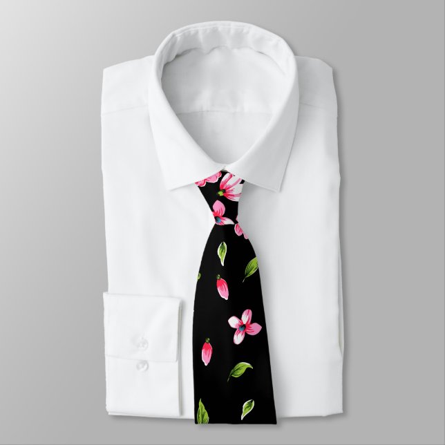 Pink flowers Customisable black colour background Tie (Tied)