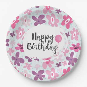 Pink Flowers Cute Whimsical Pattern Birthday Paper Plate