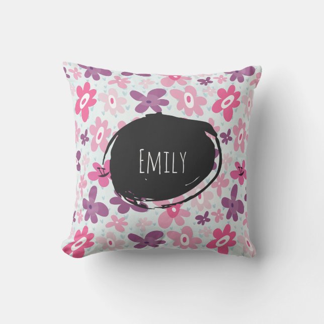 Pink Flowers Cute Whimsical Pattern Personalised Cushion (Front)