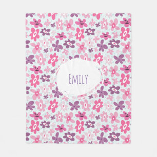 Pink Flowers Cute Whimsical Pattern Personalised Fleece Blanket