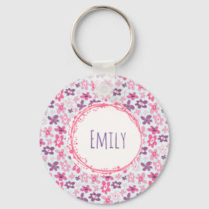 Pink Flowers Cute Whimsical Pattern Personalised Key Ring
