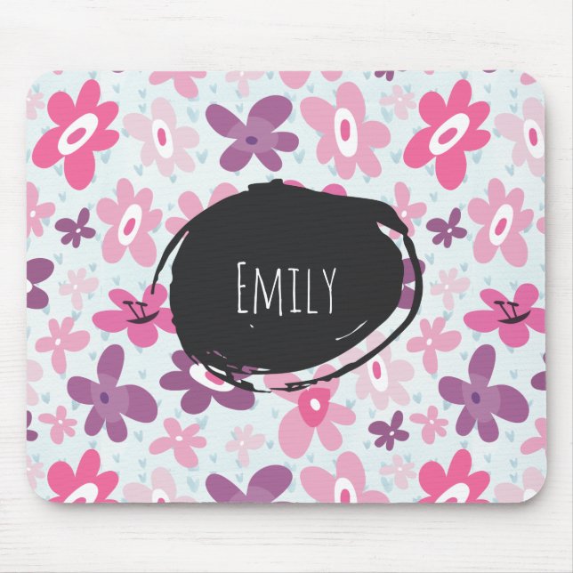 Pink Flowers Cute Whimsical Pattern Personalised Mouse Pad (Front)