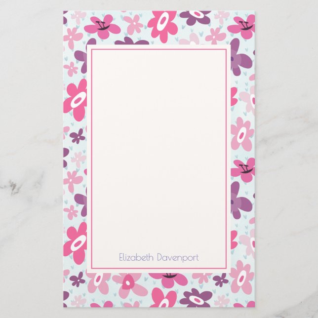 Pink Flowers Cute Whimsical Pattern Personalised Stationery (Front)
