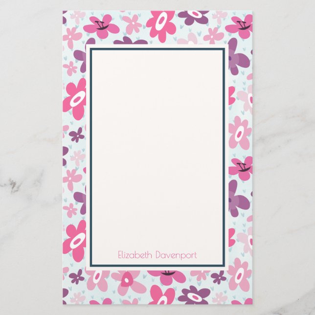 Pink Flowers Cute Whimsical Pattern Personalised Stationery (Front)