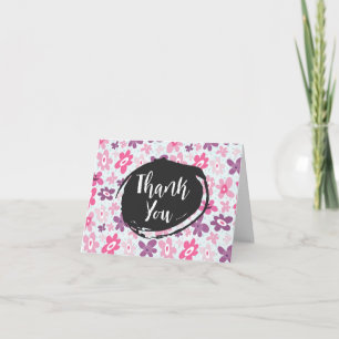 Pink Flowers Cute Whimsical Pattern Thank You Card