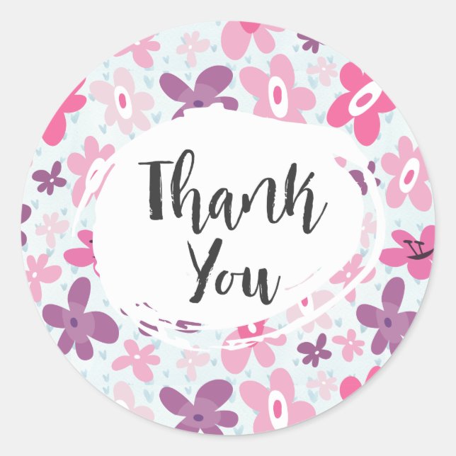 Pink Flowers Cute Whimsical Pattern Thank You Classic Round Sticker (Front)