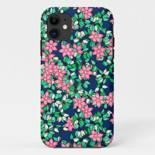 Pink flowers, dark blue background iPhone 11 case