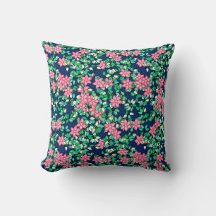 Pink flowers, dark blue background cushion