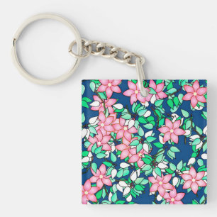 Pink flowers, dark blue background key ring