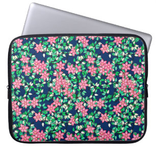 Pink flowers, dark blue background laptop sleeve