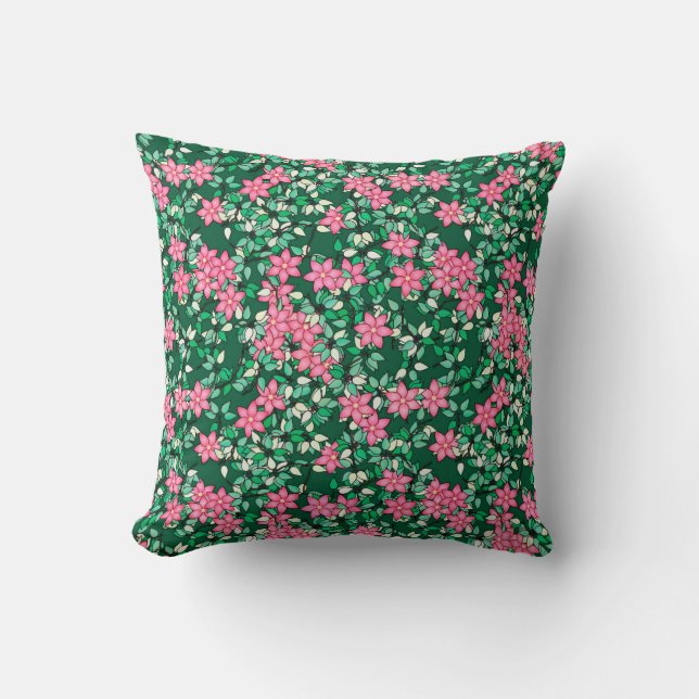 Pink flowers, dark green background cushion (Front)