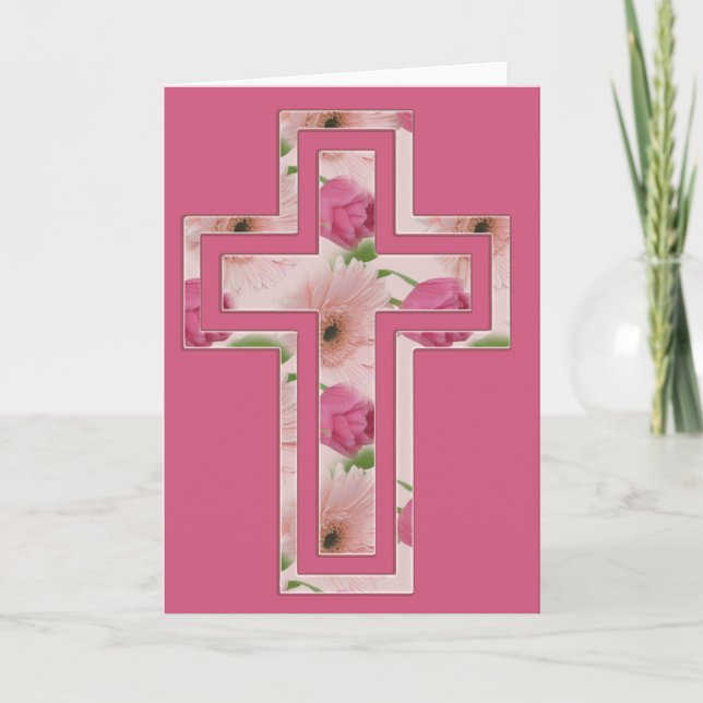 Pink Flowers Design Cross Christian Greeting Card (Front)