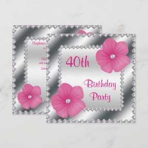 Pink Flowers & Diamonds 40th Birthday Invitation