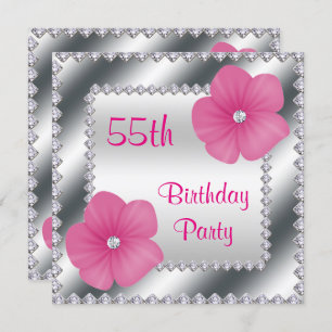 Pink Flowers & Diamonds 55th Birthday Invitation