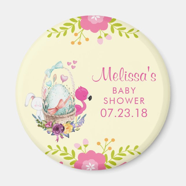 Pink Flowers, Egg, Flamingo & Bunny Baby Shower Magnet (Front)
